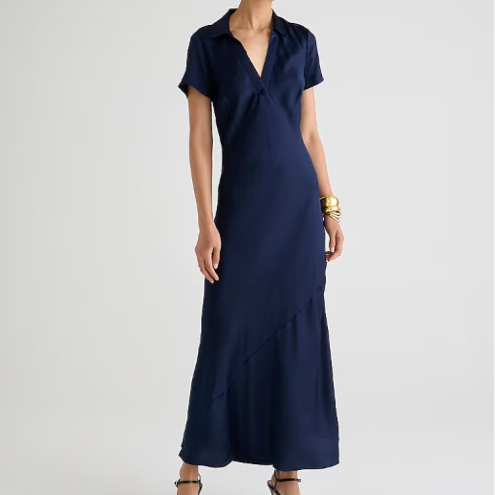 J.CREW - Women's - Navy - Short Sleeve Maxi Slip Dress in Luster Crepe - Size 10